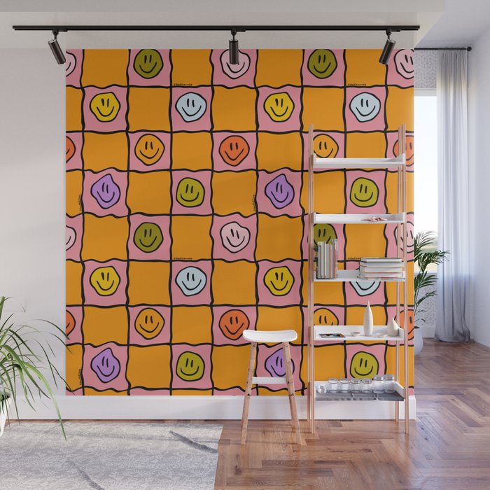 Pink Happy Face Checkered Print Wall Mural Gallery Image 1