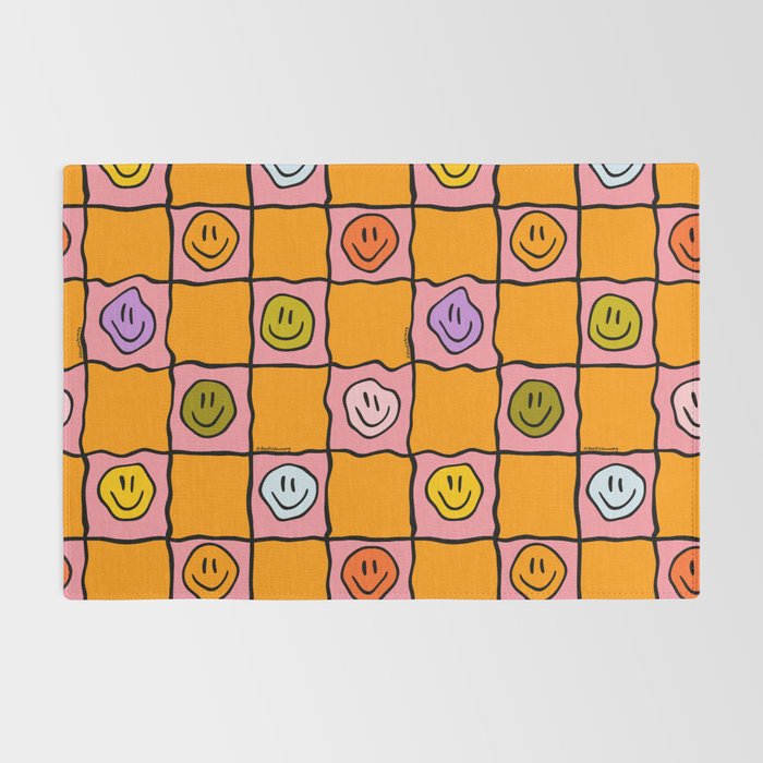 Pink Happy Face Checkered Print Rug Gallery Image 2