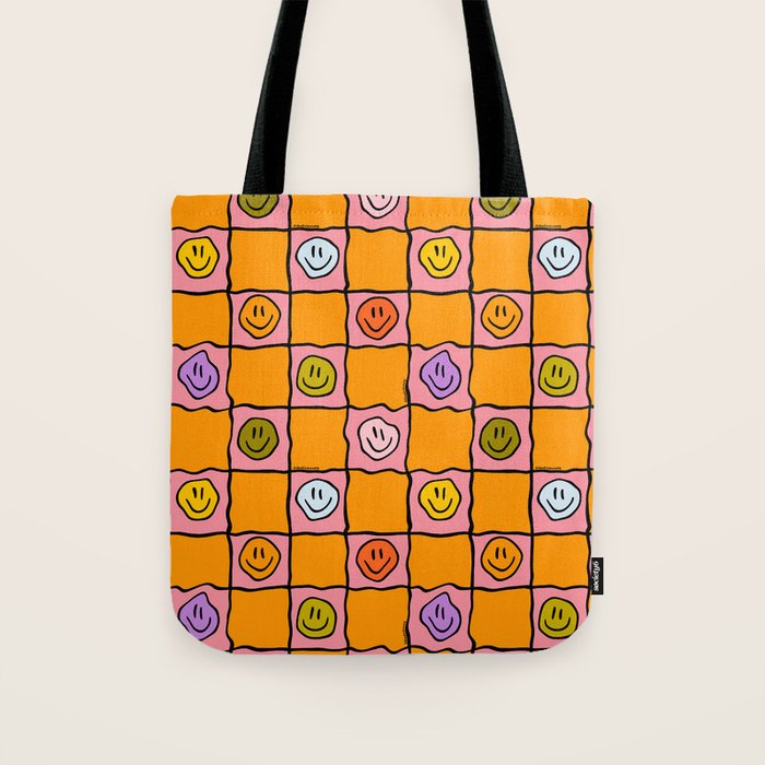 Pink Happy Face Checkered Print Tote Bag Gallery Image 1