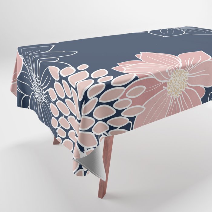 Festive, Floral Prints and Line Art, Navy Blue and Pink Tablecloth Gallery Image 1