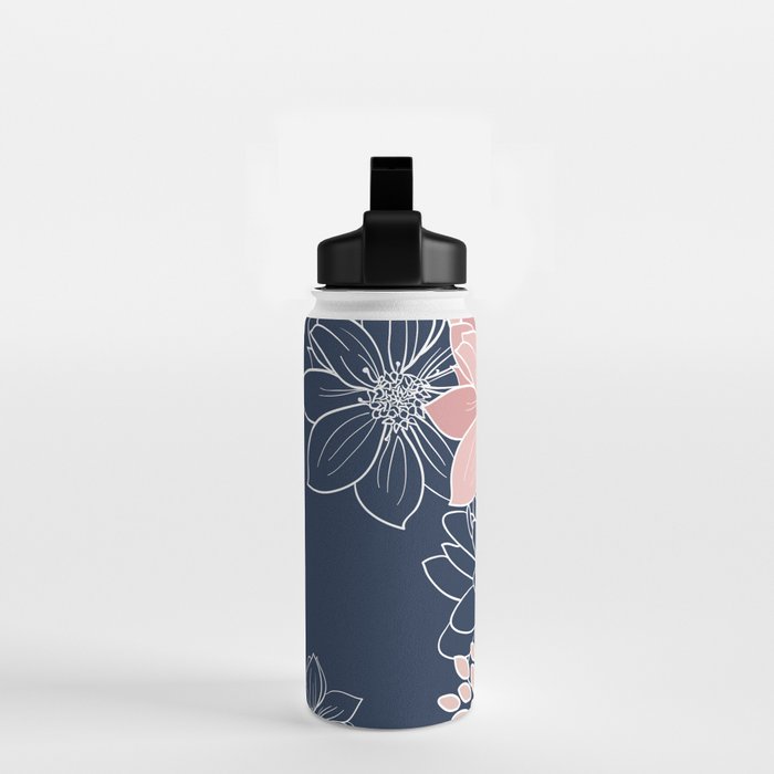 Festive, Floral Prints and Line Art, Navy Blue and Pink Water Bottle Gallery Image 2