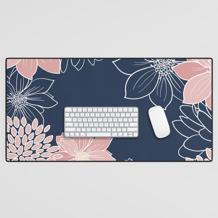 Festive, Floral Prints and Line Art, Navy Blue and Pink Desk Mat Gallery Image 1