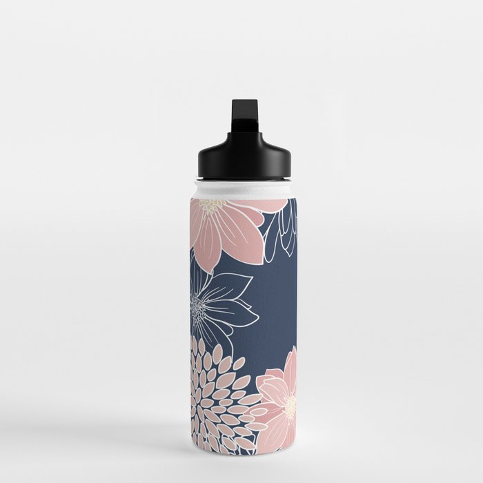 Festive, Floral Prints and Line Art, Navy Blue and Pink Water Bottle Gallery Image 3