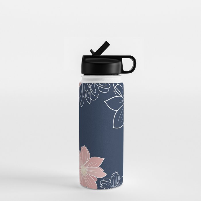 Festive, Floral Prints and Line Art, Navy Blue and Pink Water Bottle Gallery Image 1