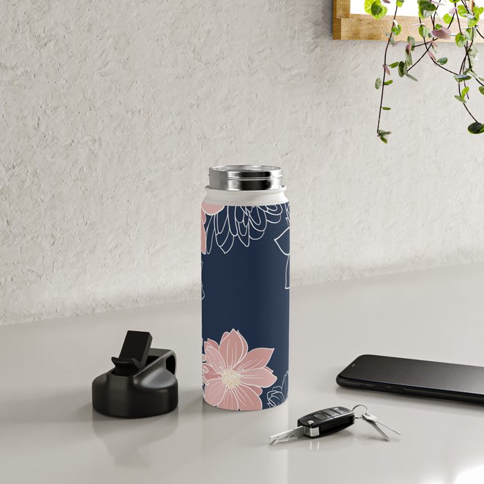 Festive, Floral Prints and Line Art, Navy Blue and Pink Water Bottle Gallery Image 4