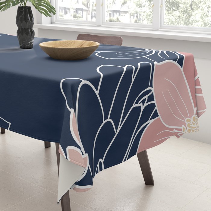 Festive, Floral Prints and Line Art, Navy Blue and Pink Tablecloth Gallery Image 3