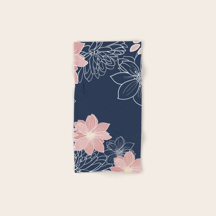 Festive, Floral Prints and Line Art, Navy Blue and Pink Bath Towel Gallery Image 1