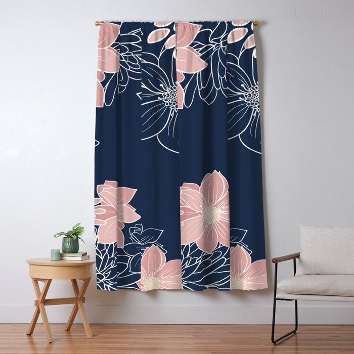 Festive, Floral Prints and Line Art, Navy Blue and Pink Window Curtain Gallery Image 1