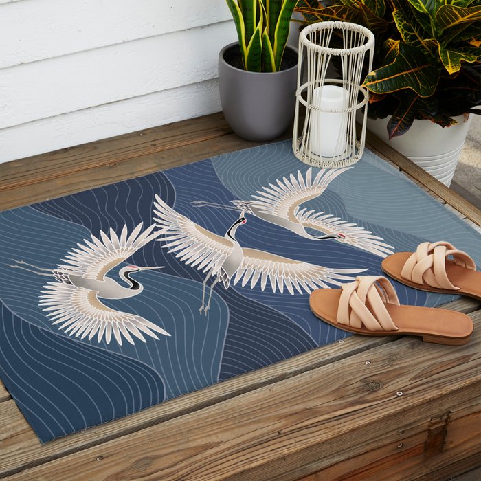 cranes, asian style art Outdoor Rug Gallery Image 2