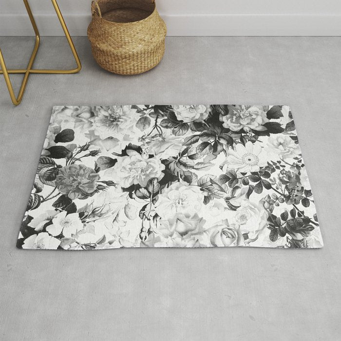 Black gray modern watercolor roses floral pattern Rug Gallery Image 1