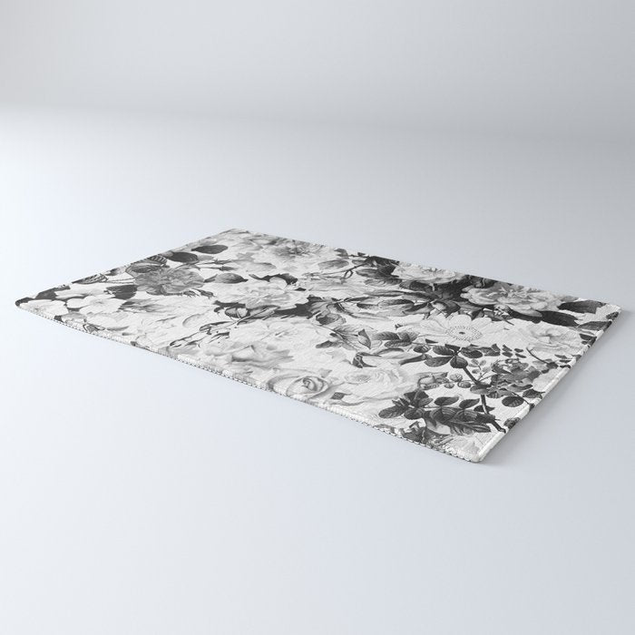 Black gray modern watercolor roses floral pattern Rug Gallery Image 3