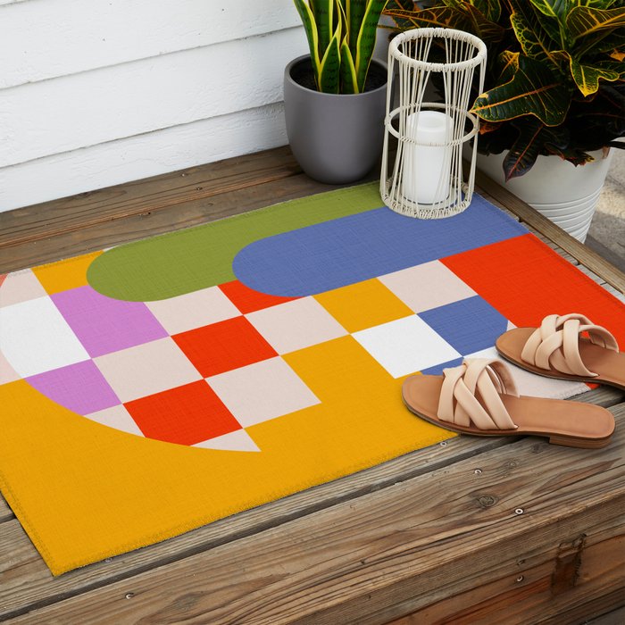 Bold Playful Geometric Bauhaus Checks and stripes Outdoor Rug Gallery Image 2