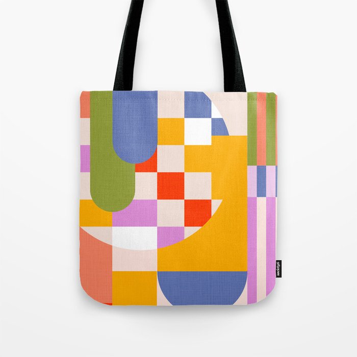 Bold Playful Geometric Bauhaus Checks and stripes Tote Bag Gallery Image 1