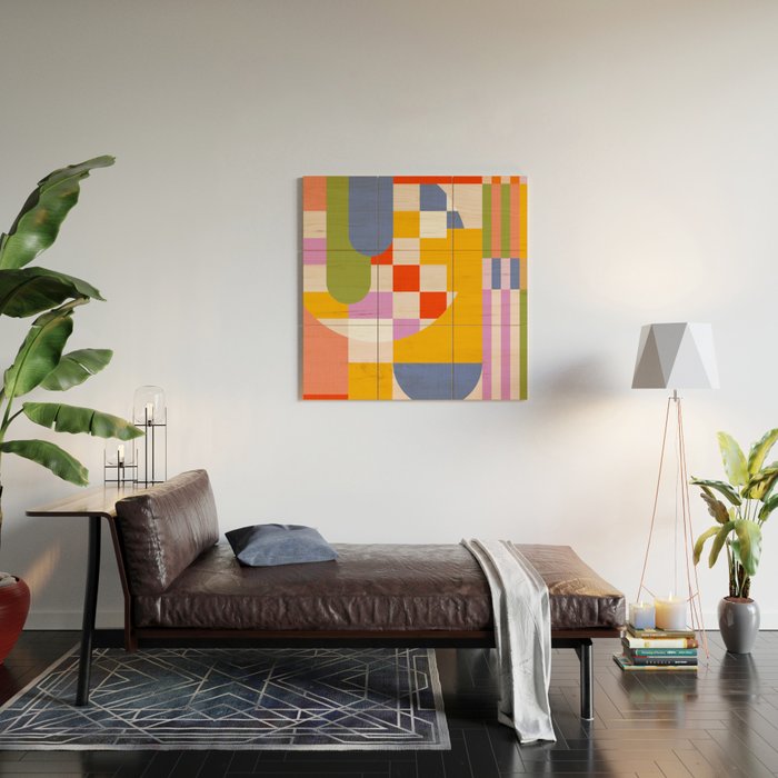 Bold Playful Geometric Bauhaus Checks and stripes Wood Wall Art Gallery Image 2
