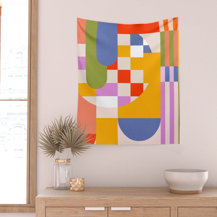 Bold Playful Geometric Bauhaus Checks and stripes Wall Tapestry Gallery Image 2