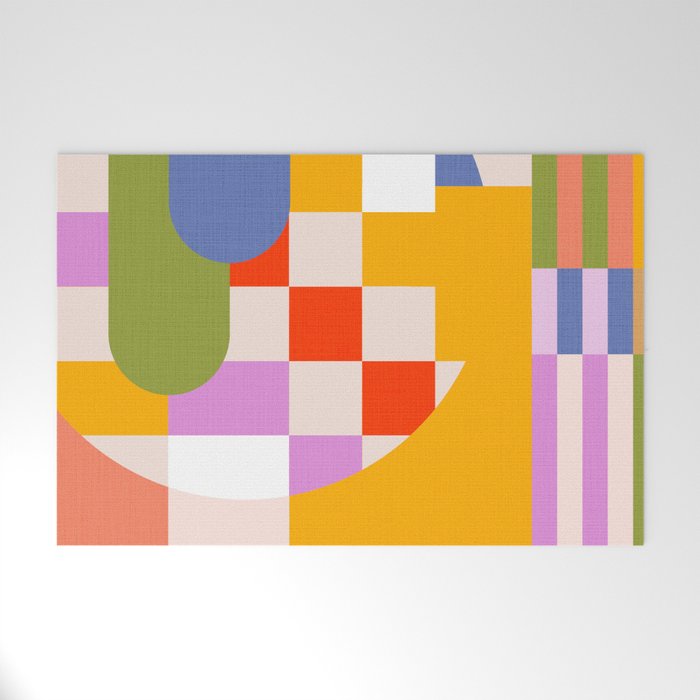Bold Playful Geometric Bauhaus Checks and stripes Welcome Mat Gallery Image 1