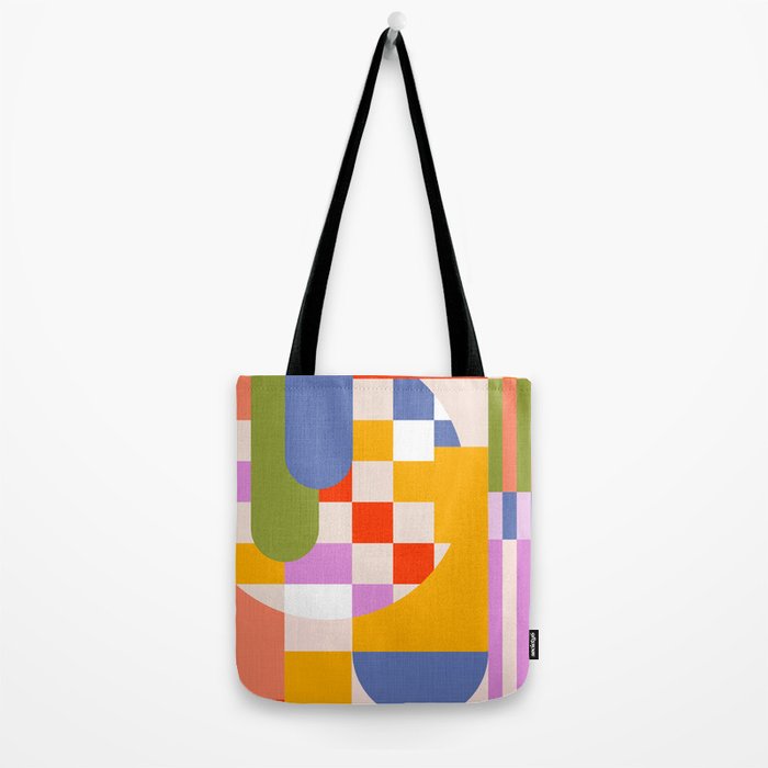 Bold Playful Geometric Bauhaus Checks and stripes Tote Bag Gallery Image 2