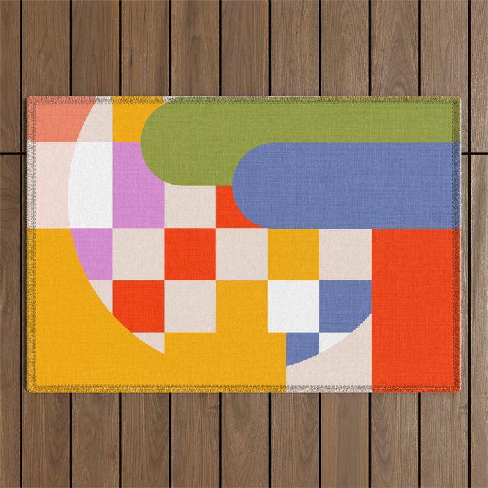 Bold Playful Geometric Bauhaus Checks and stripes Outdoor Rug Gallery Image 1