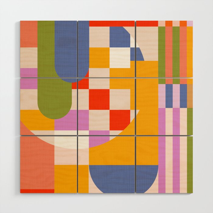 Bold Playful Geometric Bauhaus Checks and stripes Wood Wall Art Gallery Image 1