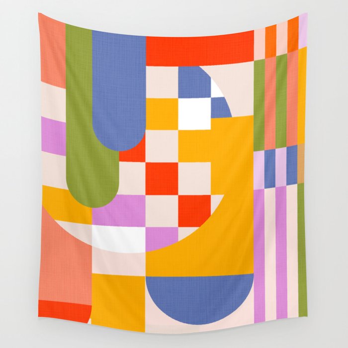 Bold Playful Geometric Bauhaus Checks and stripes Wall Tapestry Gallery Image 4