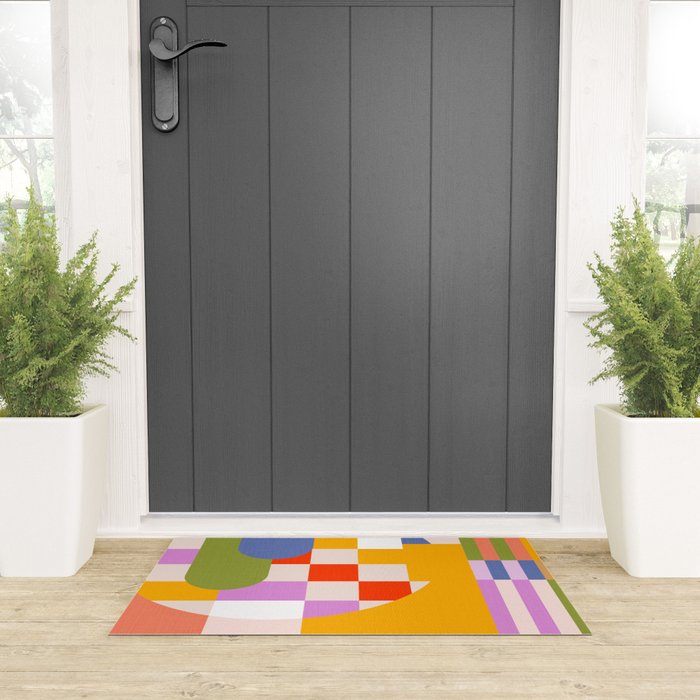 Bold Playful Geometric Bauhaus Checks and stripes Welcome Mat Gallery Image 3