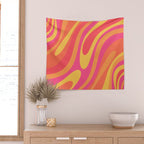Wavy Loops Retro Abstract Pattern in Hot Pink Magenta Orange Mustard Wall Tapestry Gallery Image 2