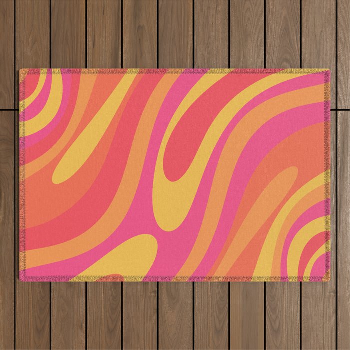 Wavy Loops Retro Abstract Pattern in Hot Pink Magenta Orange Mustard Outdoor Rug Gallery Image 1