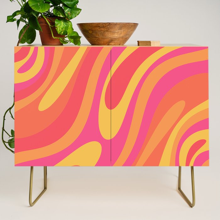 Wavy Loops Retro Abstract Pattern in Hot Pink Magenta Orange Mustard Credenza Gallery Image 1