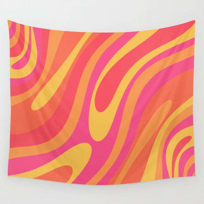 Wavy Loops Retro Abstract Pattern in Hot Pink Magenta Orange Mustard Wall Tapestry Gallery Image 1