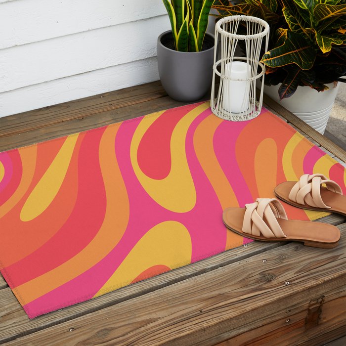 Wavy Loops Retro Abstract Pattern in Hot Pink Magenta Orange Mustard Outdoor Rug Gallery Image 2