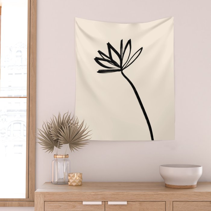 Minimalist Flower Black and Almond Cream Wall Tapestry Gallery Image 2