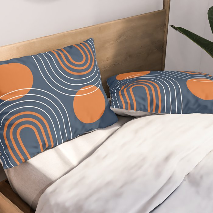 Mid Century Modern Geometric 111 in Navy Blue and Vintage Orange (Rainbow and Sun Abstraction) Pillow Sham Gallery Image 2