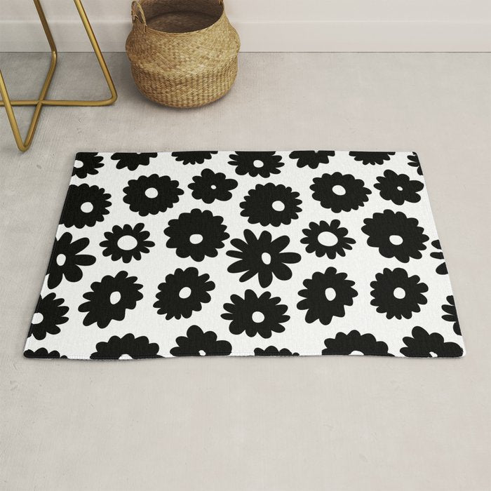Black and white retro flower art pattern Rug Gallery Image 1