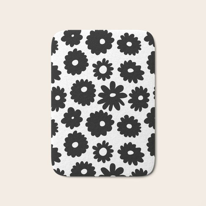 Black and white retro flower art pattern Bath Mat Gallery Image 1