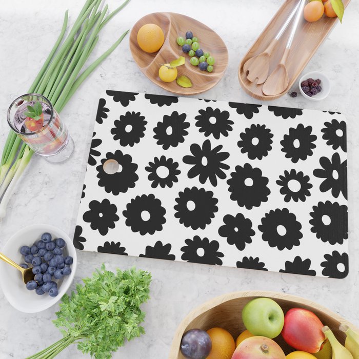 Black and white retro flower art pattern Cutting Board Gallery Image 2