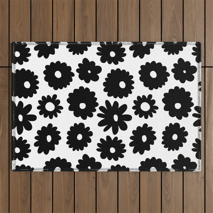 Black and white retro flower art pattern Outdoor Rug Gallery Image 1