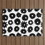 Black and white retro flower art pattern Outdoor Rug Gallery Image 1