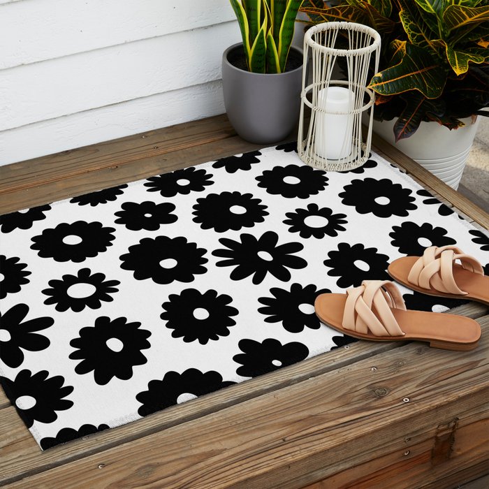 Black and white retro flower art pattern Outdoor Rug Gallery Image 2