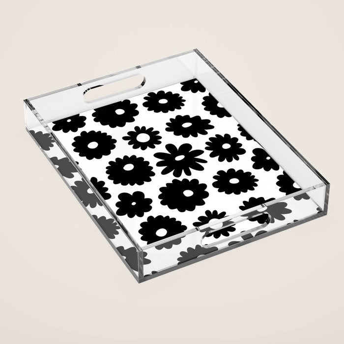 Black and white retro flower art pattern Acrylic Tray Gallery Image 1
