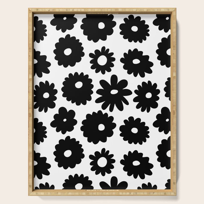 Black and white retro flower art pattern Serving Tray Gallery Image 1
