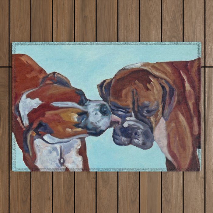 Kissing Boxers Dogs Portrait Outdoor Rug Gallery Image 1