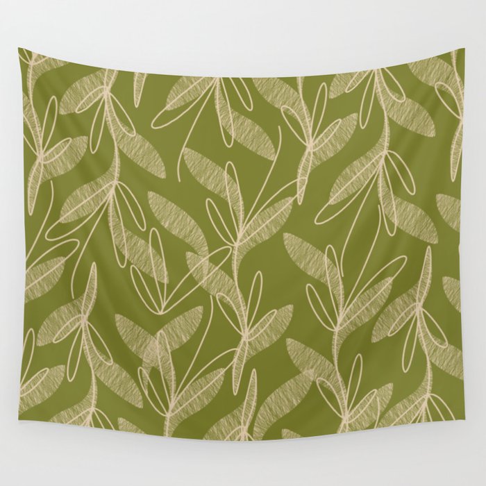 Mid Century Modern Botanical Pattern in Mid Mod Beige and Olive Green Wall Tapestry Gallery Image 1