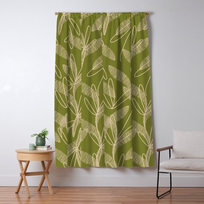 Mid Century Modern Botanical Pattern in Mid Mod Beige and Olive Green Window Curtain Gallery Image 5