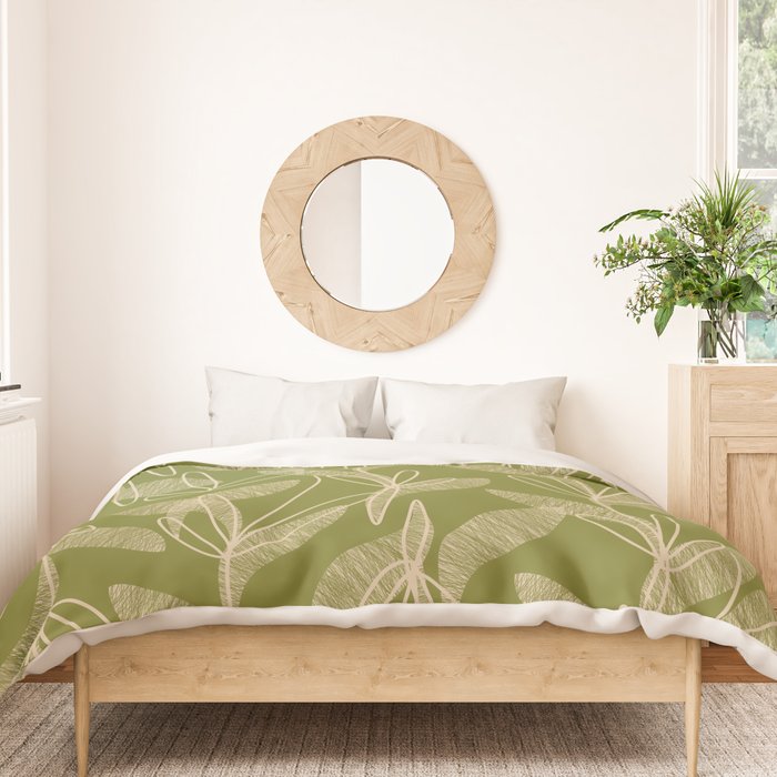 Mid Century Modern Botanical Pattern in Mid Mod Beige and Olive Green Duvet Cover Gallery Image 3
