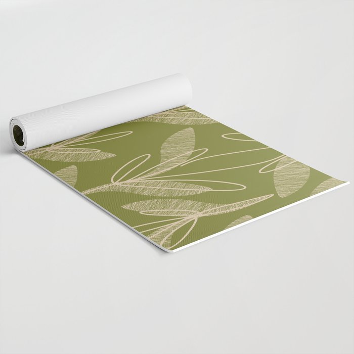 Mid Century Modern Botanical Pattern in Mid Mod Beige and Olive Green Yoga Mat Gallery Image 2