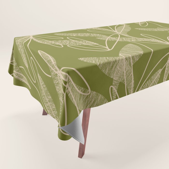 Mid Century Modern Botanical Pattern in Mid Mod Beige and Olive Green Tablecloth Gallery Image 1