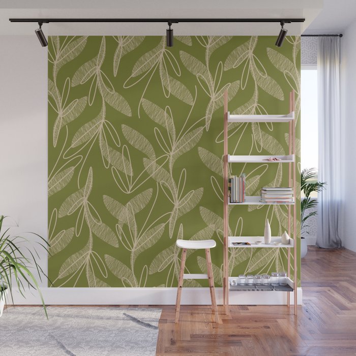 Mid Century Modern Botanical Pattern in Mid Mod Beige and Olive Green Wall Mural Gallery Image 1