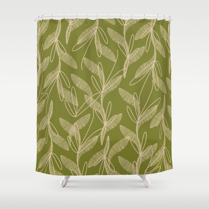 Mid Century Modern Botanical Pattern in Mid Mod Beige and Olive Green Shower Curtain Gallery Image 1