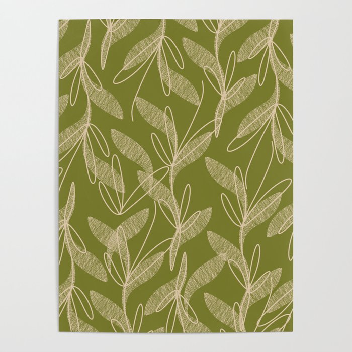 Mid Century Modern Botanical Pattern in Mid Mod Beige and Olive Green Poster Gallery Image 4