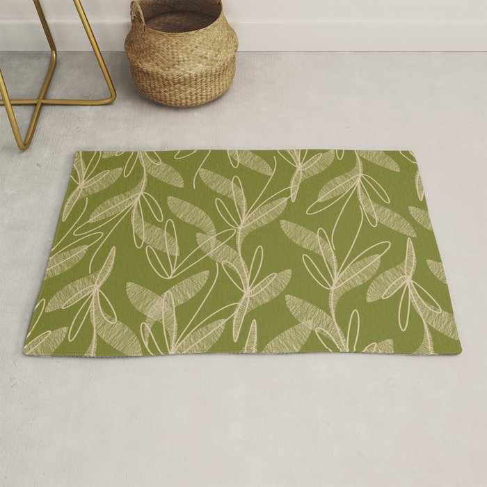Mid Century Modern Botanical Pattern in Mid Mod Beige and Olive Green Rug Gallery Image 1